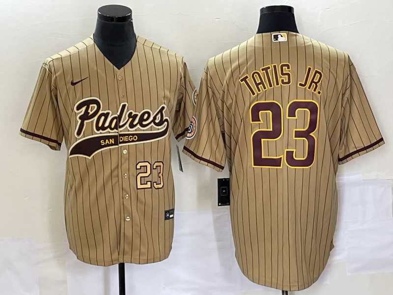 Men%27s San Diego Padres #23 Fernando Tatis Jr Number Tan NEW 2023 Cool Base Stitched Jersey